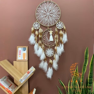 Handmade Dreamcatcher Wall Hanging, Dreamcatcher Moon and Star Hanging, Dreamcatcher Macrame Boho Decor, Dreacatcher Large Headboard
