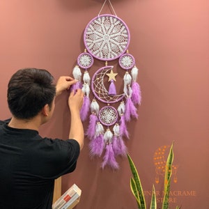 Handmade Dreamcatcher Feather Wall Hanging, Dreamcatcher Moon and Star Hanging, Dreamcatcher Macrame Boho Decor, Dreacatcher Decor Headboard