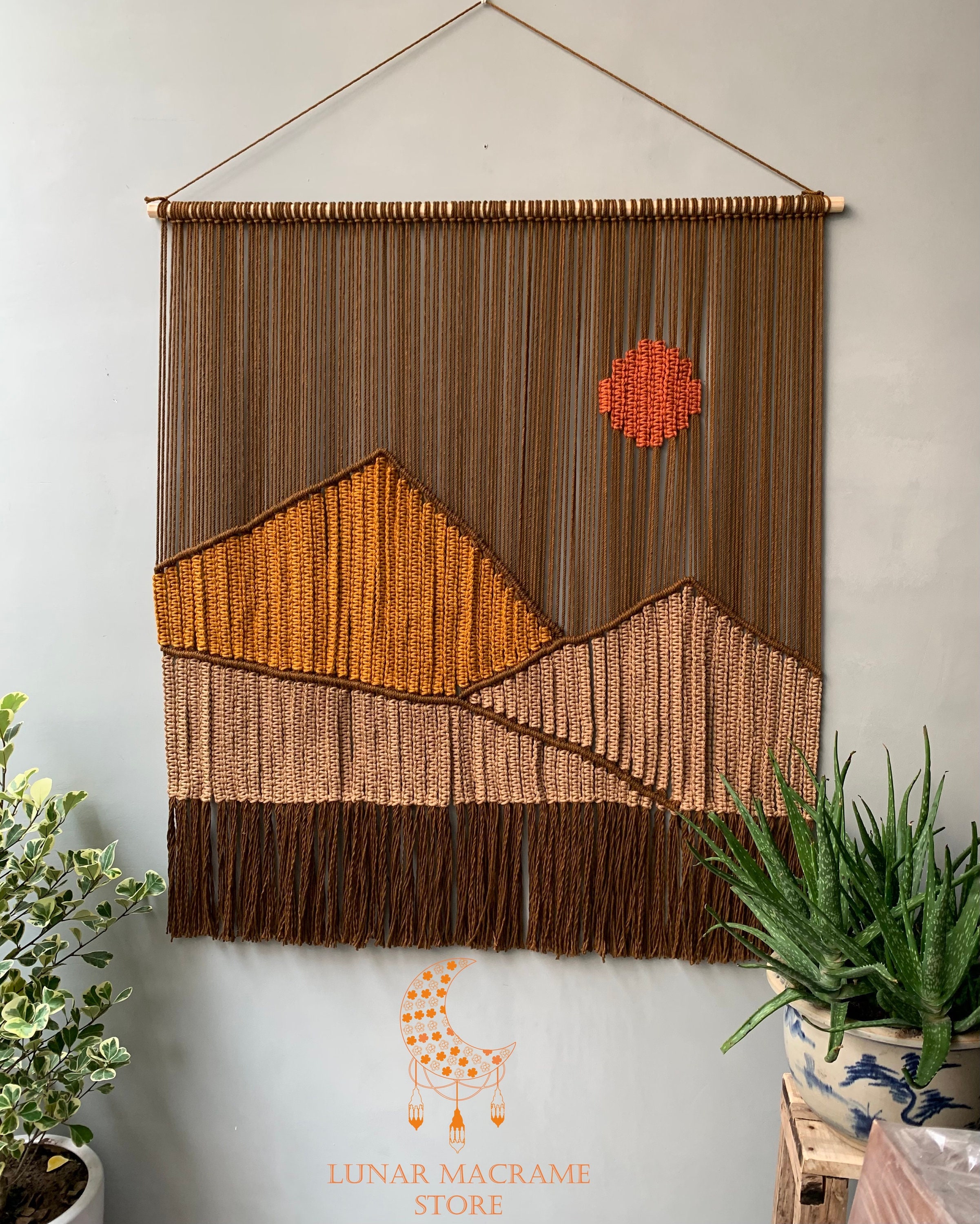 Macrame Mountain and Sun Wall Painting, Custom Large Macrame Wall