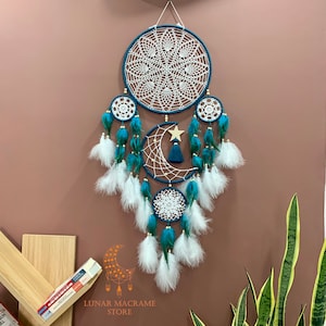 Handmade Dreamcatcher Wall Hanging, Dreamcatcher Moon and Star Hanging, Dreamcatcher Macrame Boho Decor, Dreacatcher Large Headboard