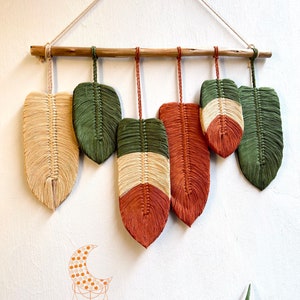 Large Boho Mixed Color Macrame Wall Hanging, Colorful Wall Decoration Leaves, Macrame Feather Wall Hanging, Gift For Mom, Nursery Decoration