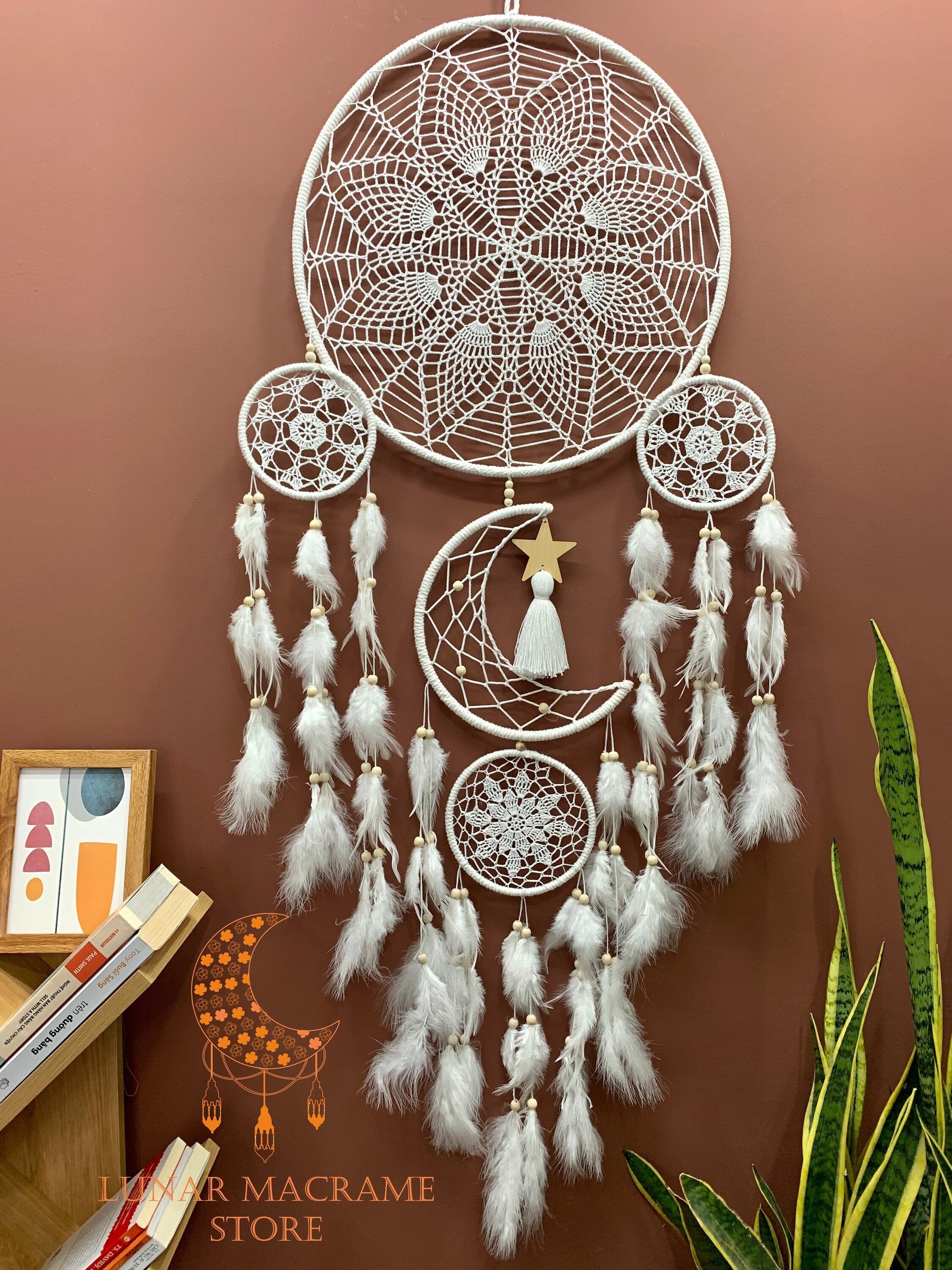White Large Dream Catcher Wall Hanging, Dreamcatcher Moon and Star