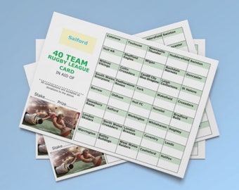 25 x 40 Team Rugby League scratch cards A6 Full Colour CHARITY FUNDRAISING IDEA