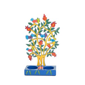 Colorido Shabat pintado a mano Luz de té de Shabat Candelabros - Árbol de la vida - Pájaros y granadas