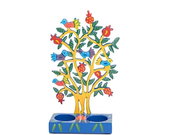 Hand painted Colorful Shabbat Tea light Candle Holders - Tree of life - Birds and Pomegranates