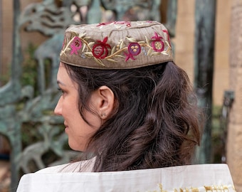 Yair Emanuel Silk geborduurde Bucharian Kippah - Yamulke hoed - 9 inch - Joods Oezbeekse hoed Bukharian - granaatappels