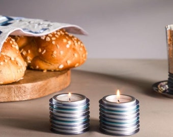 Yair Emanuel Modern Shabbat Candle Holders - Blue Stacked Rings Shabbos Tea-light candle holders Judaica Gift