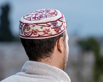 Yair Emanuel Silk Embroidered Bucharian Kippah - Yamulke Hat - 9 inch - Jewish Uzbek Hat Bukharian - Birds and Floral design
