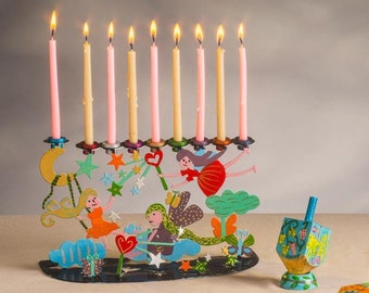 Yair Emanuel 9 Branch Hanukkah Menorah - Playful Fairies Children Menorah -  Colorful Hand Painted Design