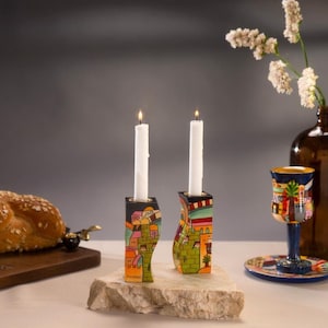 Yair Emanuel Shabbat Candle Holders - Hand painted Jerusalem - Fitted design - Judaica Art