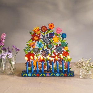 Yair Emanuel Hand-painted Floral Hanukkah Menorah -