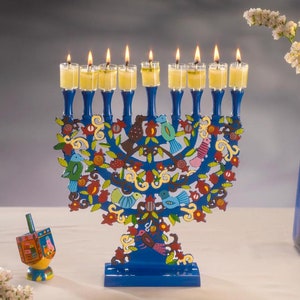 Yair Emanuel Hand-painted Tree of Life Jewish Hanukkah Menorah 9 branch