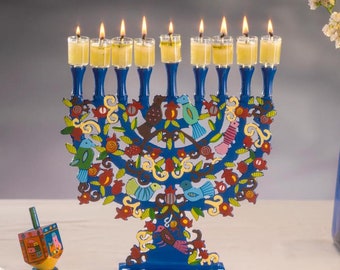 ヤイル・エマニュエル作 手描き生命の樹 ユダヤ教ハヌカ メノラ 9本枝