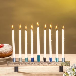 Yair Emanuel Modern Strip Menorah Chanukah - Blue Candle Cups - Hanukah Menorah 9 Branch - (11 inch)
