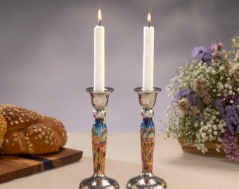 Yair Emanuel 6,5 inch Shabbat-kaarsenhouders Jeruzalem-print - pijlerkaarsenhouders - taps toelopend ontwerp judaica-cadeau
