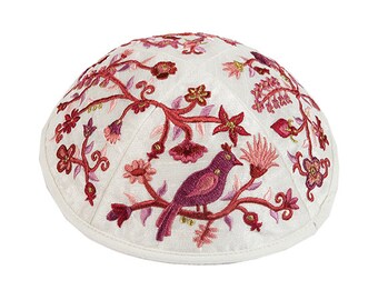Yair Emanuel Bird and Flower Kippah for Women - 7.5 inch - Premium Maroon Silk Embroidered Yarmulke - Jewish Kipa