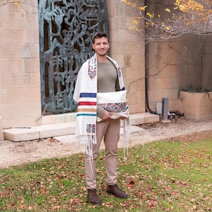 Yair Emanuel Colorful Tallit Prayer Shawl Set - 75*20.5* Bar Mitzvah Tallit for men - Geometric Magen David Silk Embroidered-Jewish Yarmulke