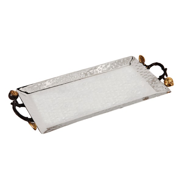 Yair Emanuel Decorative Serving Tray Hammered Metal - Sculpted Handles with Pomegranates