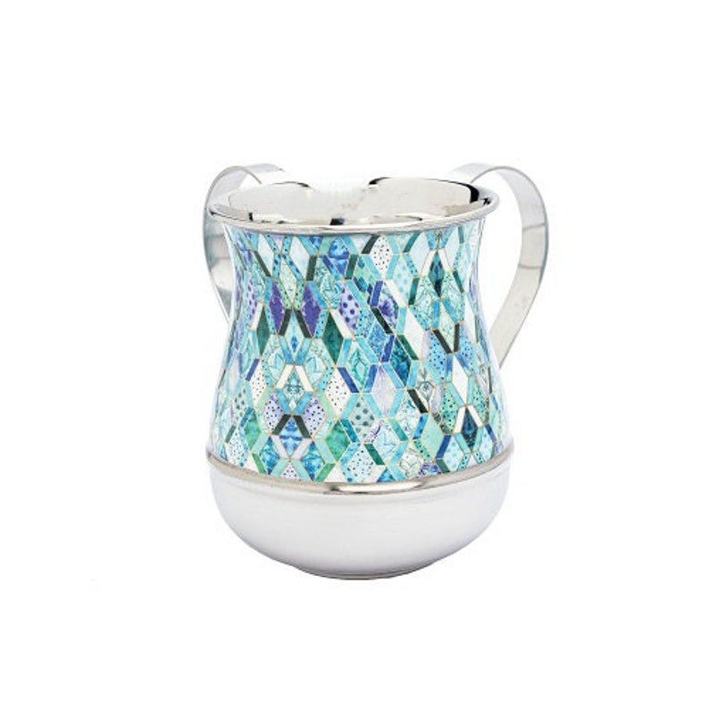 Yair Emanuel Hand Washing Cup Netilat Yadayim Cup Ceremonial Natla Vibrant Blue Mosiac Pattern image 1