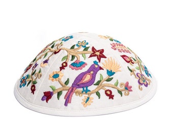 Yair Emanuel Bird and Flower Kippah for Shabbat - 7.5 inch - Premium Colorful Silk Embroidered Yarmulke - Jewish Kipa