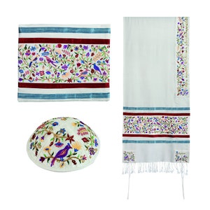 Yair Emanuel Colorful Tallit Prayer Shawl Set - Bar Mitzvah Tallit for men - Unisex Tallit  - Silk Embroidered Birds and Flowers