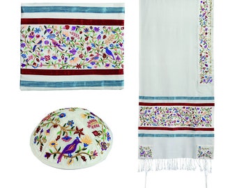Yair Emanuel Colorful Tallit Prayer Shawl Set - Bar Mitzvah Tallit for men - Unisex Tallit  - Silk Embroidered Birds and Flowers