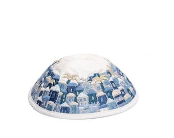 Kippah ebraica ricamata in seta blu Yair Emanuel - 19 cm - per uomo e donna - Jerusalem Vista