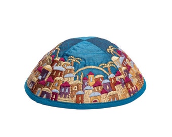 Yair Emanuel Colorful Silk Embroidered Yarmulke - Jewish Kippah for Men and Women - Jerusalem Vista