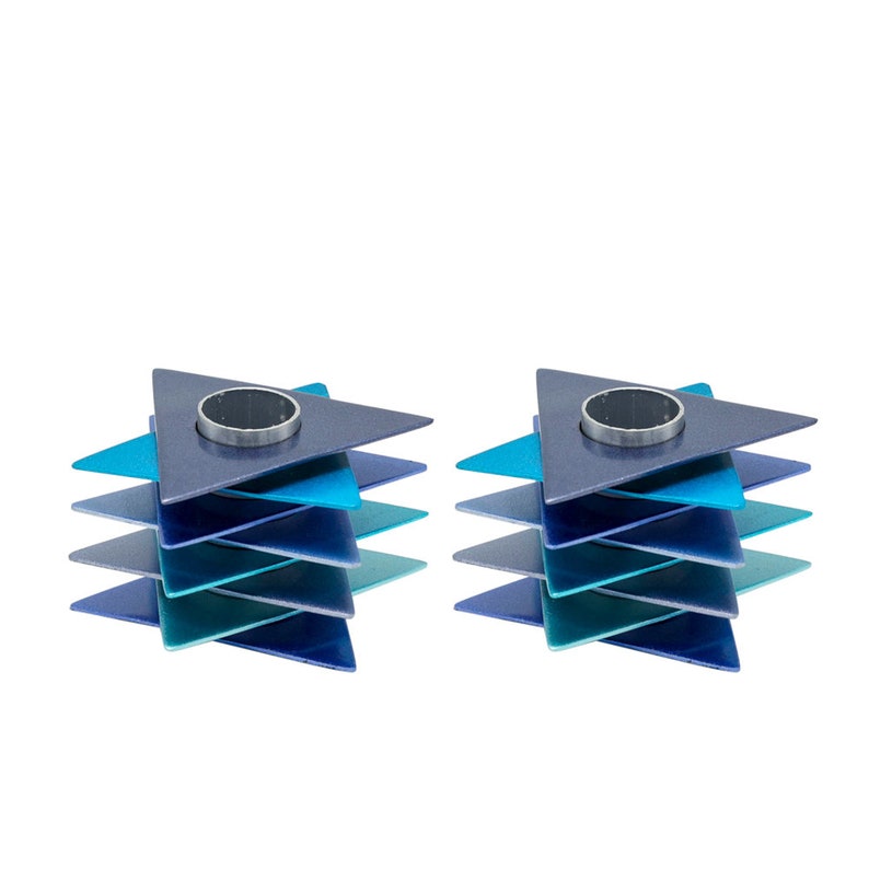 Yair Emanuel Modern Star of David Shabbat Candle Holders Shabbos Candles Shades of Blue Stacked Aluminum Plates Jewish Wedding Gift image 2