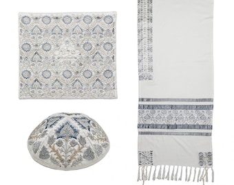 Yair Emanuel Silver Tallit Prayer Shawl Set - Bar Mitzvah Tallit for men - Unisex Tallit - Silk Embroidered Oriental Pattern