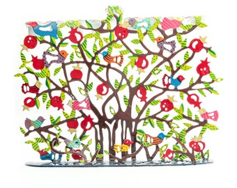 Yair Emanuel Hand-painted Tree of Life Jewish Hanukkah Menorah - Birds and pomegranates