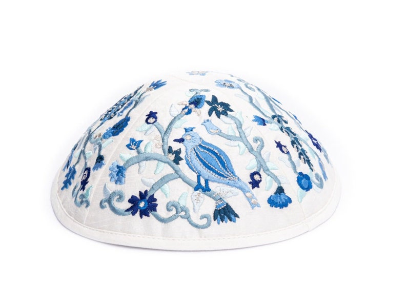 Yair Emanuel Bird and Flower Kippah for Shabbat Premium Blue Silk Embroidered Yarmulke Jewish Kipa image 4