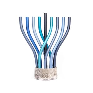 Yair Emanuel Twisted Hanukkah Menorah - 9 branch Modern Menorah Chanukah - Blue Menorah Judaica Gift