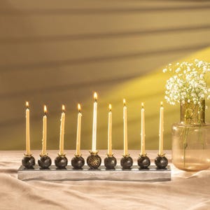 Yair Emanuel Hammered Strip Menorah Chanukah - Pomegranate Candle Cups - Hanukah Menorah 9 Branch - (14 inch)