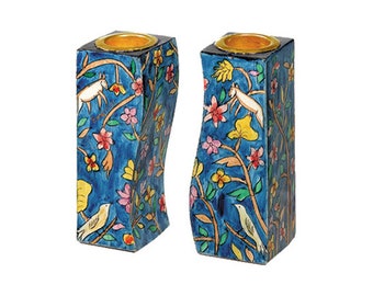 Yair Emanuel Shabbat Candle Holders - Hand painted Floral design - Judaica Art