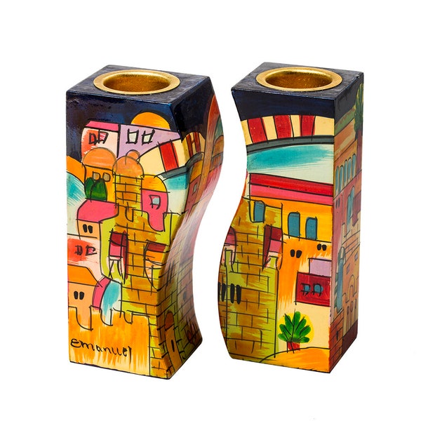 Yair Emanuel Shabbat Candle Holders - Hand painted Jerusalem - Fitted design - Judaica Art