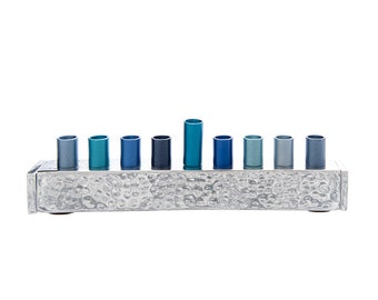 Yair Emanuel Small Hammered Strip Menorah Chanukah - Blue Candle Cups - Hanukah Menorah 9 Branch - (7.5 inch)