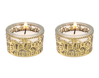 Yair Emanuel Shabbat Candleholders for Tea light candle - Jerusalem Shabbat Candlestick Set - Glass and Metal Filigree