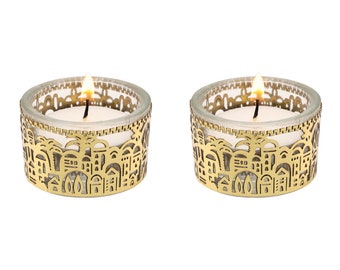 Yair Emanuel Shabbat Candleholders for Tea light candle - Jerusalem Shabbat Candlestick Set - Glass and Metal Filigree