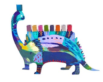 Yair Emanuel Dinosaur Hanukkah Menorah – Colorful Double-Sided Chanukiah – Uses Standard Hanukkah Candles – Judaica Gift