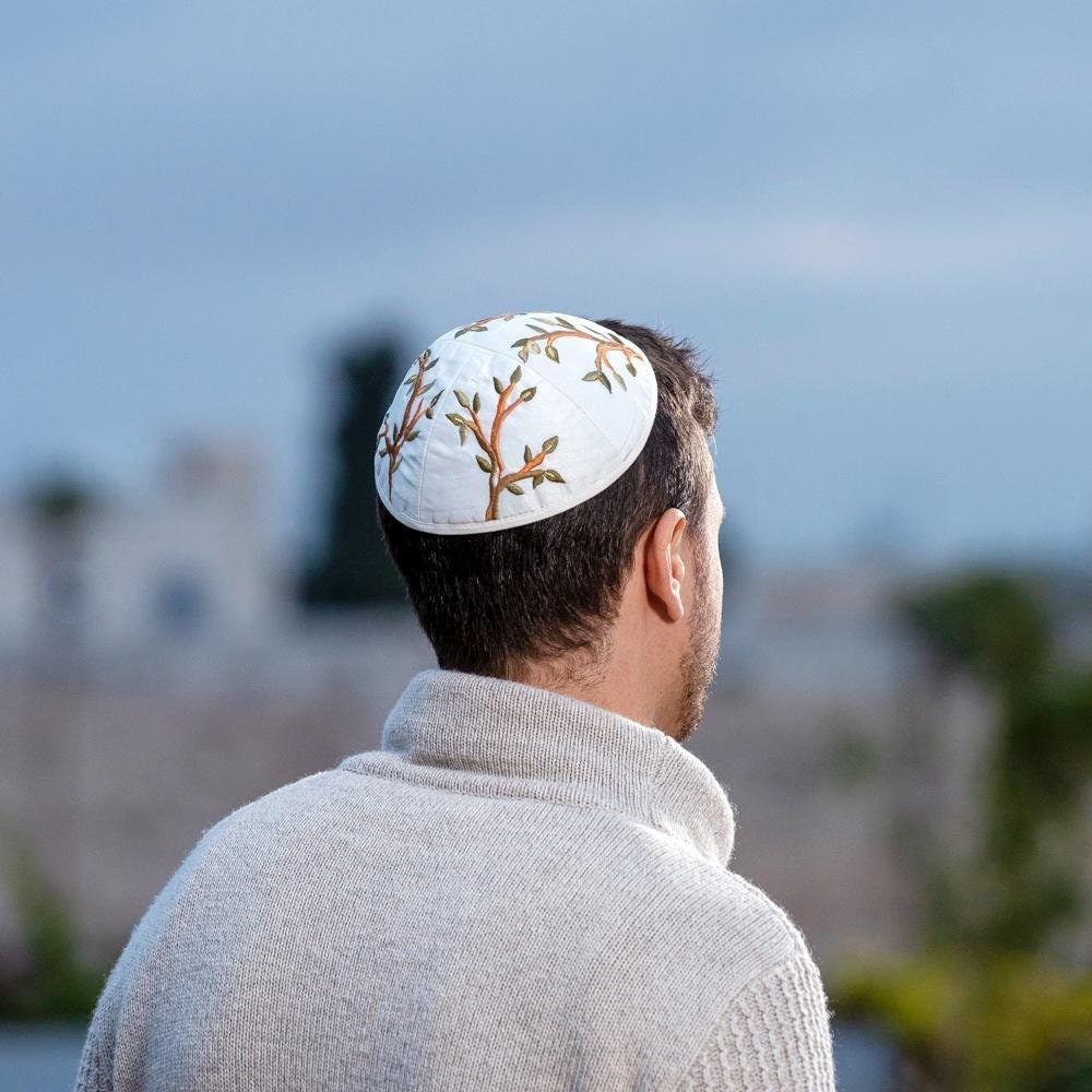 Yair Emanuel Tree of Life Jewish Kippah for Men - 7.5 inch - Premium Silk Embroidered Yarmulke