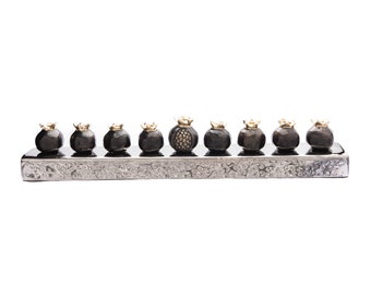 Yair Emanuel Hammered Strip Menorah Chanukah - Pomegranate Candle Cups - Hanukah Menorah 9 Branch - (14 inch)