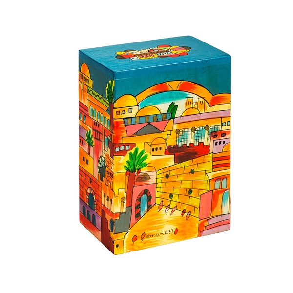Yair Emanuel Hand-Painted Tzedakah Box of Jerusalem Vista - Jewish Charity Box for Acts of Kindness - Judaica Art for Home and Synagogue