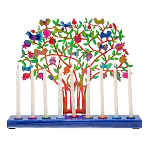 Yair Emanuel 9 Branch Hanukkah Menorah - Tree of Life Menorah - Colorful Hand Painted Design