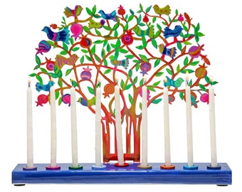 Yair Emanuel 9 Branch Hanukkah Menorah - Tree of Life Menorah - Colorful Hand Painted Design