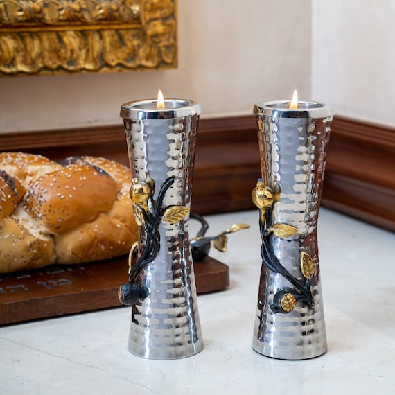 Yair Emanuel Tea-Light Shabbat Candle Holders - Hammered Pillar Design with Sculpted Metal - Modern Judaica