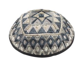 Yair Emanuel Modern Silver Kippah for Men- 7.5 inch - Premium Silk Embroidered Mosaic Pattern - Jewish Yarmulke