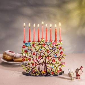 Yair Emanuel Hand-painted Tree of Life Jewish Hanukkah Menorah - Birds and pomegranates
