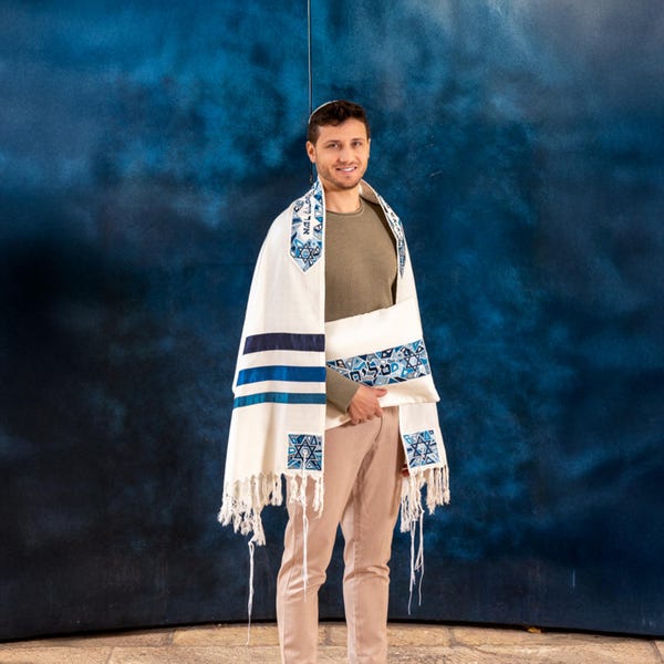 Yair Emanuel Premium Tallit Prayer Shawl Set 75*20.5 - Bar Mitzvah Tallit for men - Geometric Magen David Silk Embroidered - Jewish Yarmulke