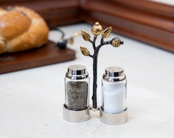 Yair Emanuel Decorative Salt and Pepper Shakers - Glass and Sculpted Copper with Pomegranates design